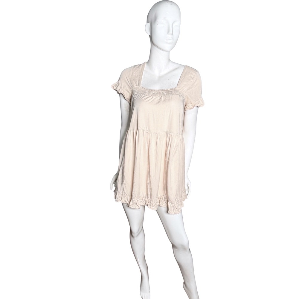 By Together Beige Modal Smocked Babydoll Mini Dress with Pockets Size S cotage